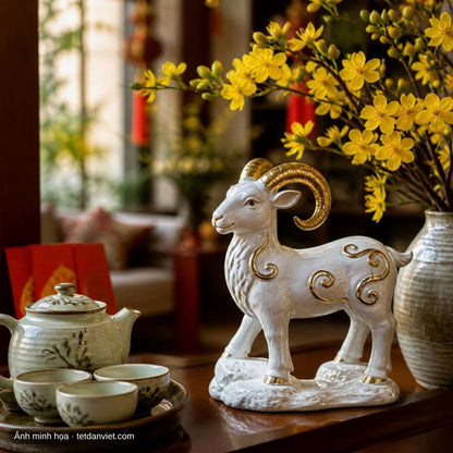 Tượng dê sứ trắng bày phòng khách ngày Tết