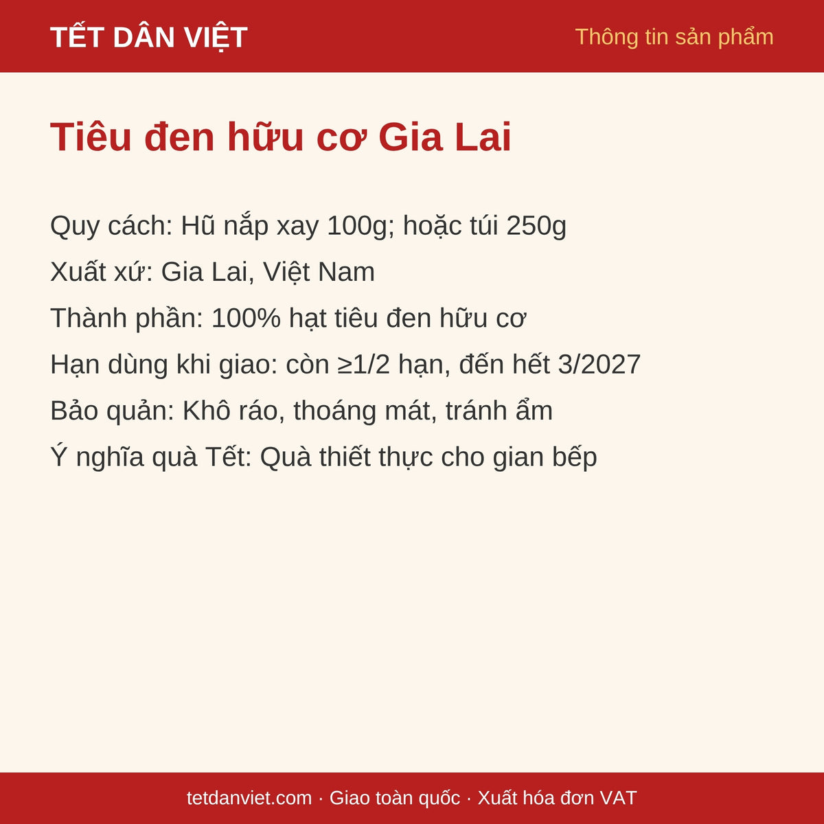 Thông tin sản phẩm Tiêu đen hữu cơ Gia Lai: quy cách, xuất xứ, bảo quản