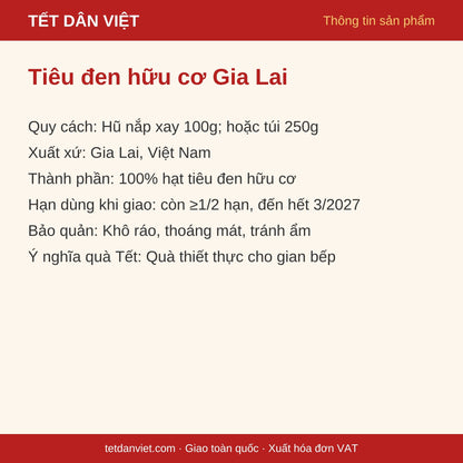 Thông tin sản phẩm Tiêu đen hữu cơ Gia Lai: quy cách, xuất xứ, bảo quản