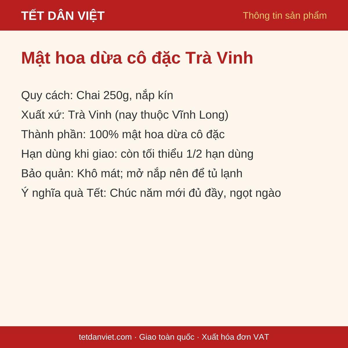 Thông tin sản phẩm mật hoa dừa cô đặc Trà Vinh chai 250g