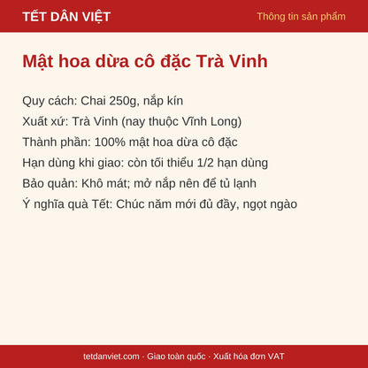 Thông tin sản phẩm mật hoa dừa cô đặc Trà Vinh chai 250g