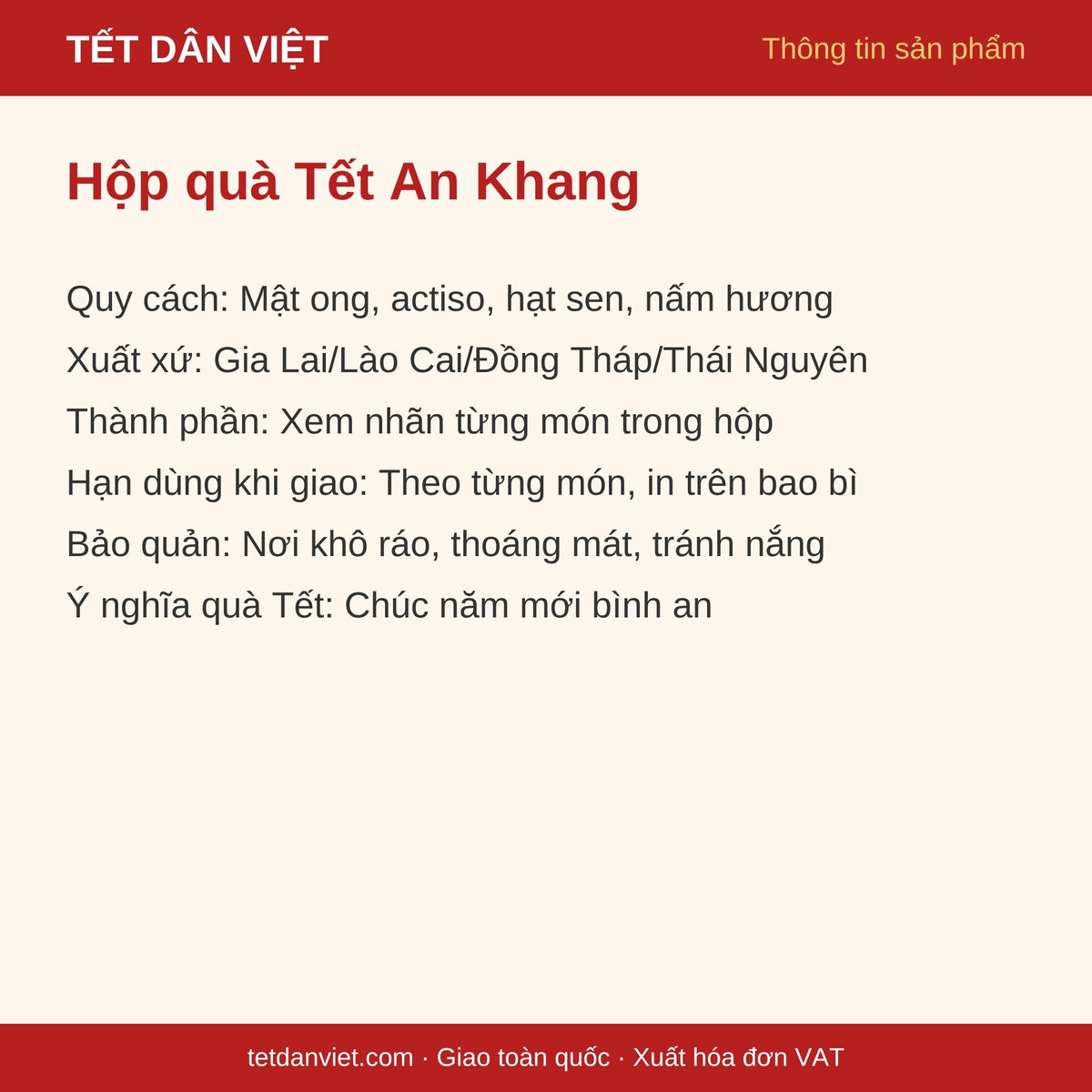 Thẻ thông tin Hộp quà Tết An Khang: quy cách, xuất xứ, bảo quản, ý nghĩa quà Tết