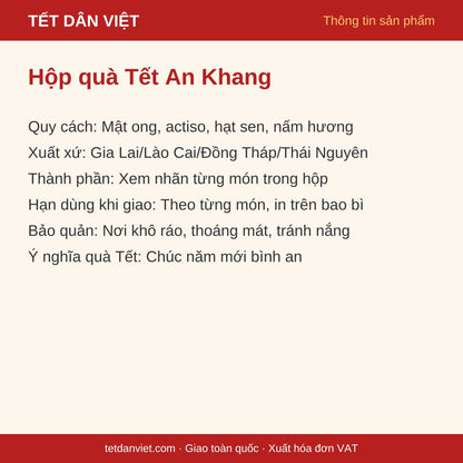 Thẻ thông tin Hộp quà Tết An Khang: quy cách, xuất xứ, bảo quản, ý nghĩa quà Tết
