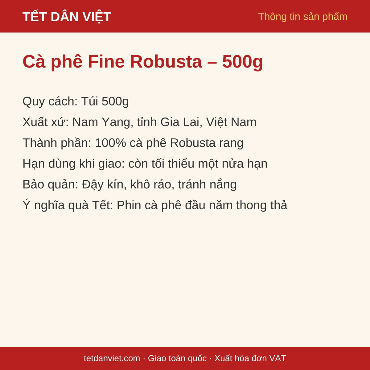 Thẻ thông tin cà phê Fine Robusta Gia Lai túi 500g