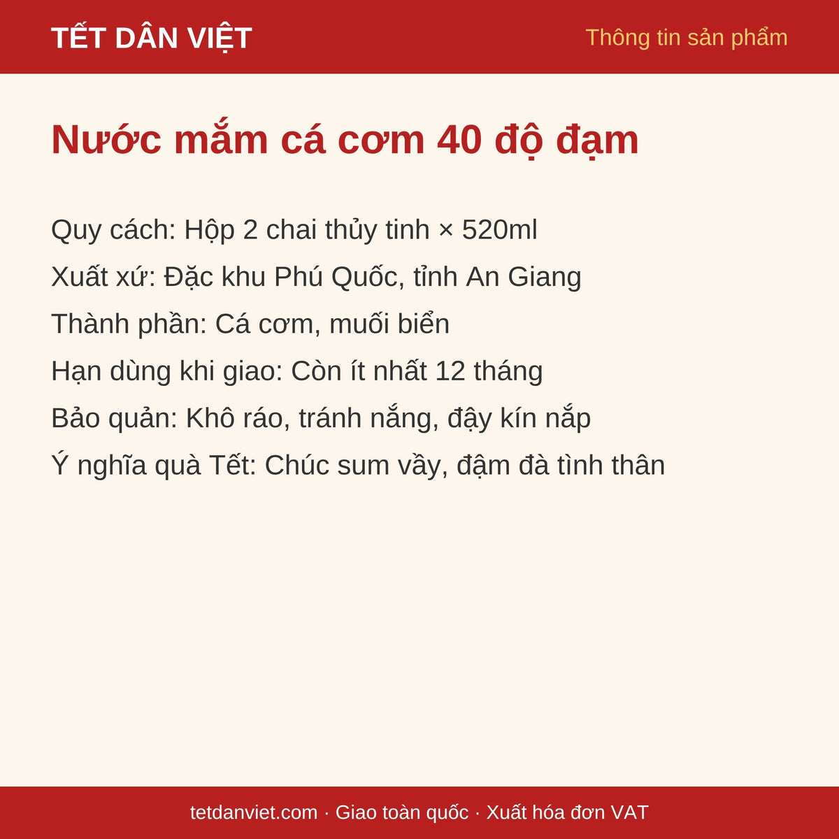 Thẻ thông tin nước mắm cá cơm 40 độ đạm hộp 2 chai 520ml