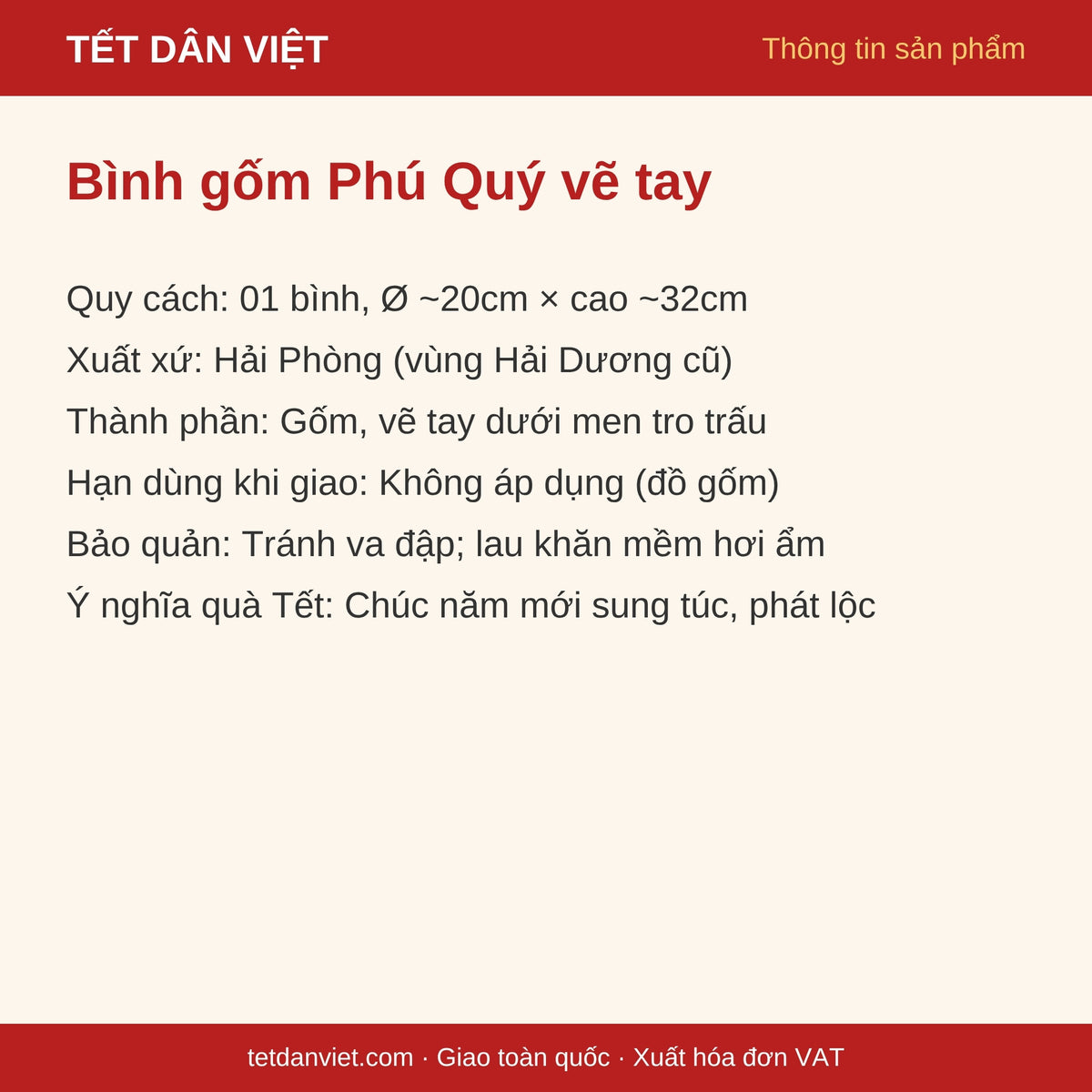 Thẻ thông tin bình gốm Phú Quý vẽ tay men tro trấu