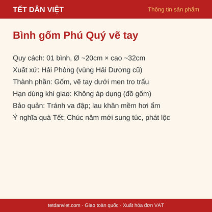 Thẻ thông tin bình gốm Phú Quý vẽ tay men tro trấu