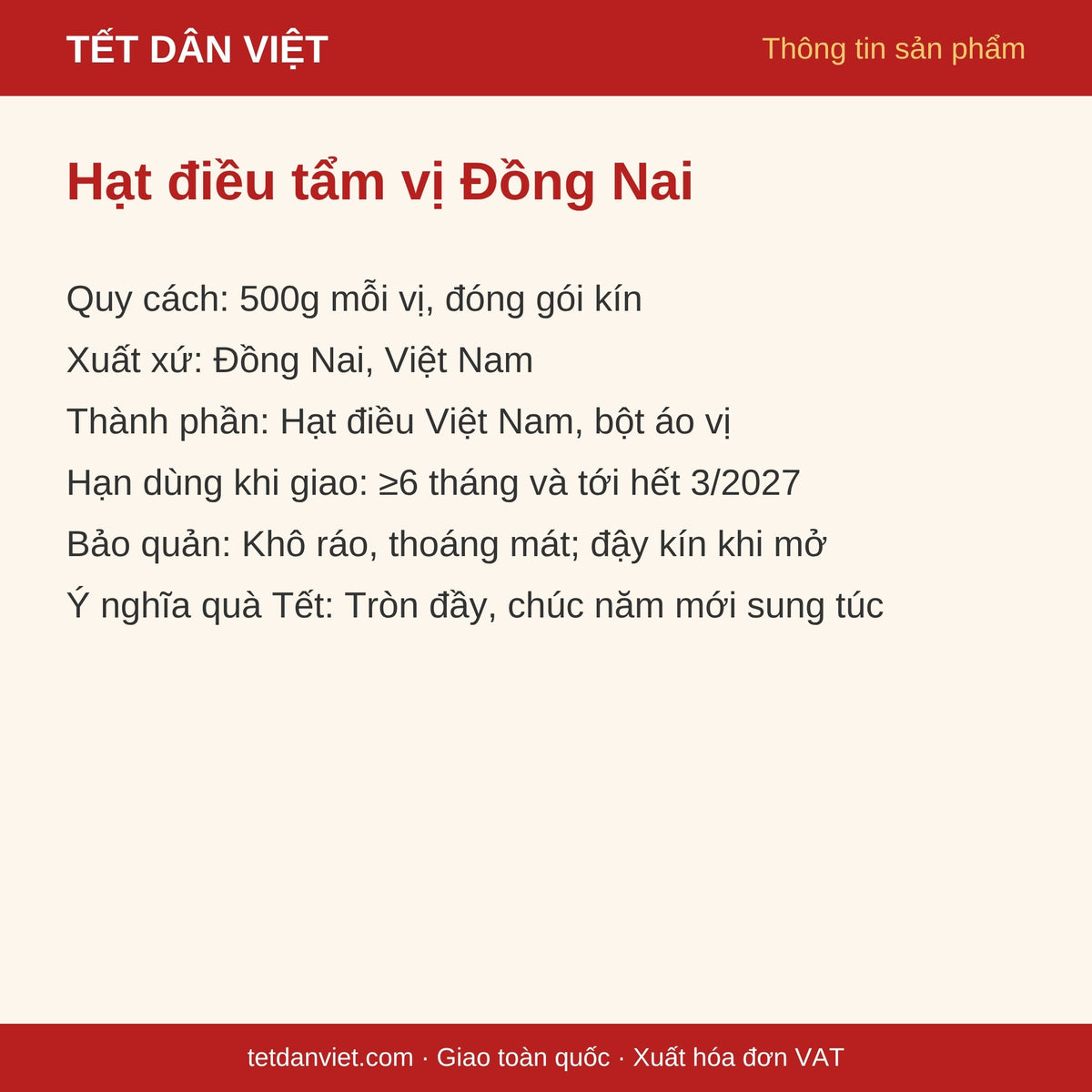 Thẻ thông tin Hạt điều tẩm vị Đồng Nai: quy cách, xuất xứ, hạn dùng, bảo quản