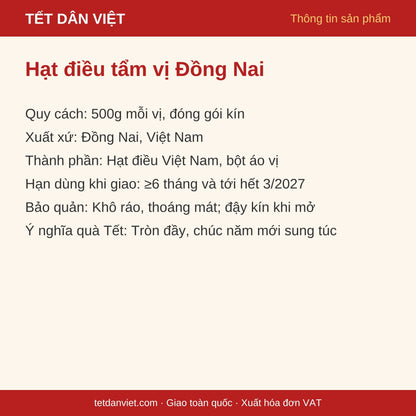 Thẻ thông tin Hạt điều tẩm vị Đồng Nai: quy cách, xuất xứ, hạn dùng, bảo quản