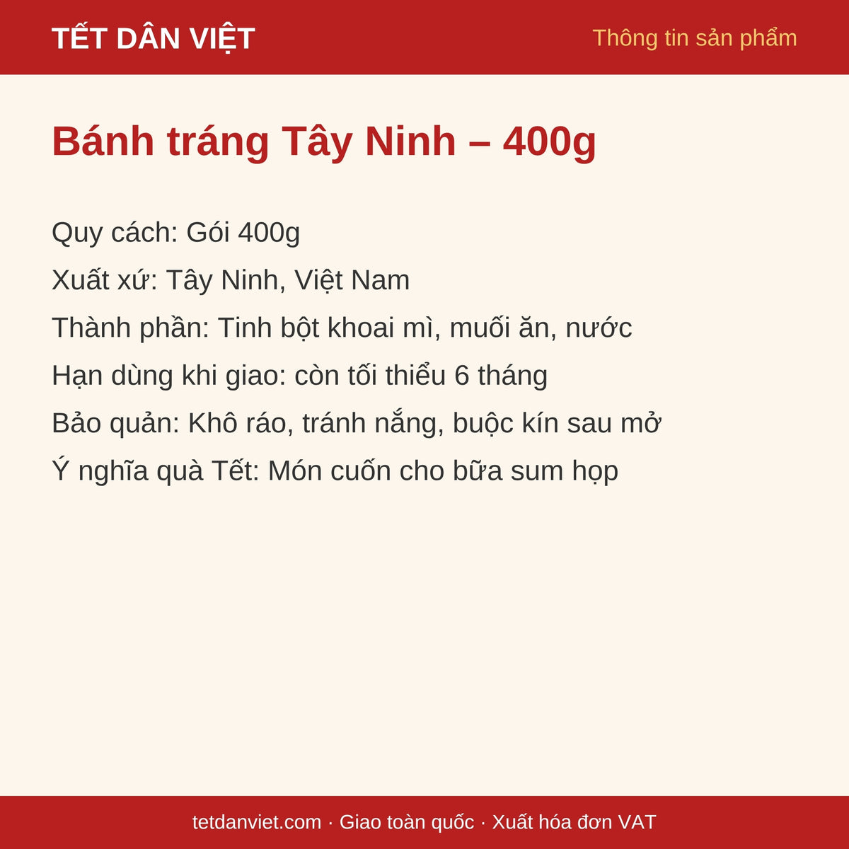 Thẻ thông tin bánh tráng siêu mỏng Tây Ninh gói 400g