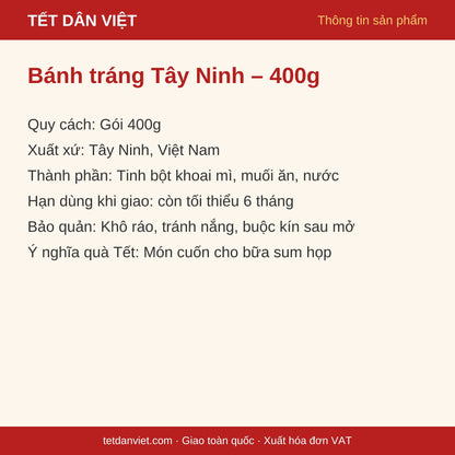 Thẻ thông tin bánh tráng siêu mỏng Tây Ninh gói 400g