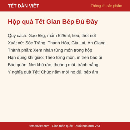 Thẻ thông tin Hộp quà Tết Gian Bếp Đủ Đầy: quy cách, xuất xứ, bảo quản, ý nghĩa quà Tết
