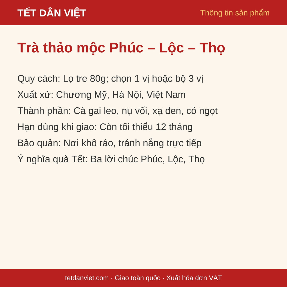 Thẻ thông tin trà thảo mộc Phúc – Lộc – Thọ lọ tre 80g