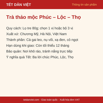 Thẻ thông tin trà thảo mộc Phúc – Lộc – Thọ lọ tre 80g