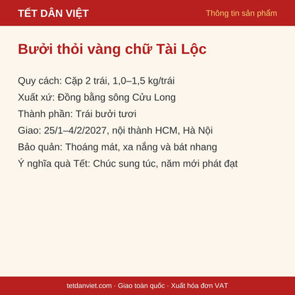 Thông tin sản phẩm bưởi thỏi vàng chữ Tài Lộc cặp 2 trái