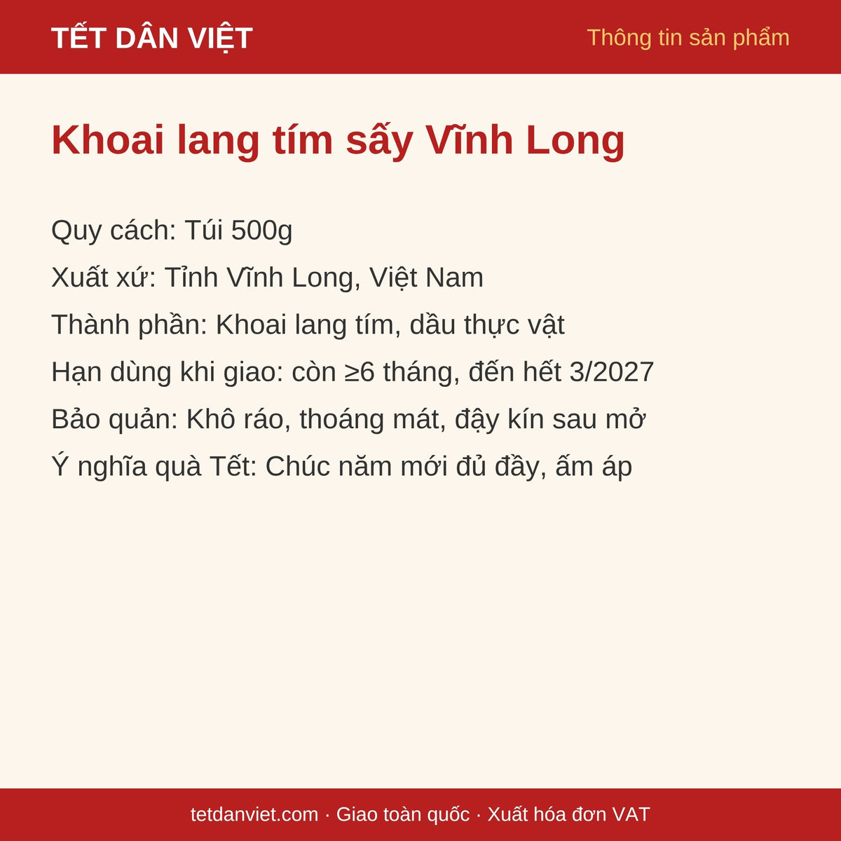 Thông tin sản phẩm Khoai lang tím sấy Vĩnh Long: quy cách, xuất xứ, bảo quản