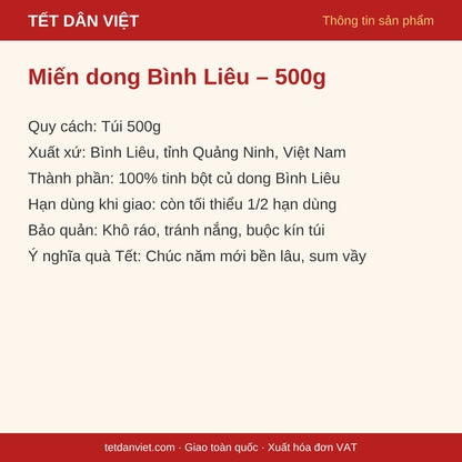 Thẻ thông tin miến dong Bình Liêu túi 500g