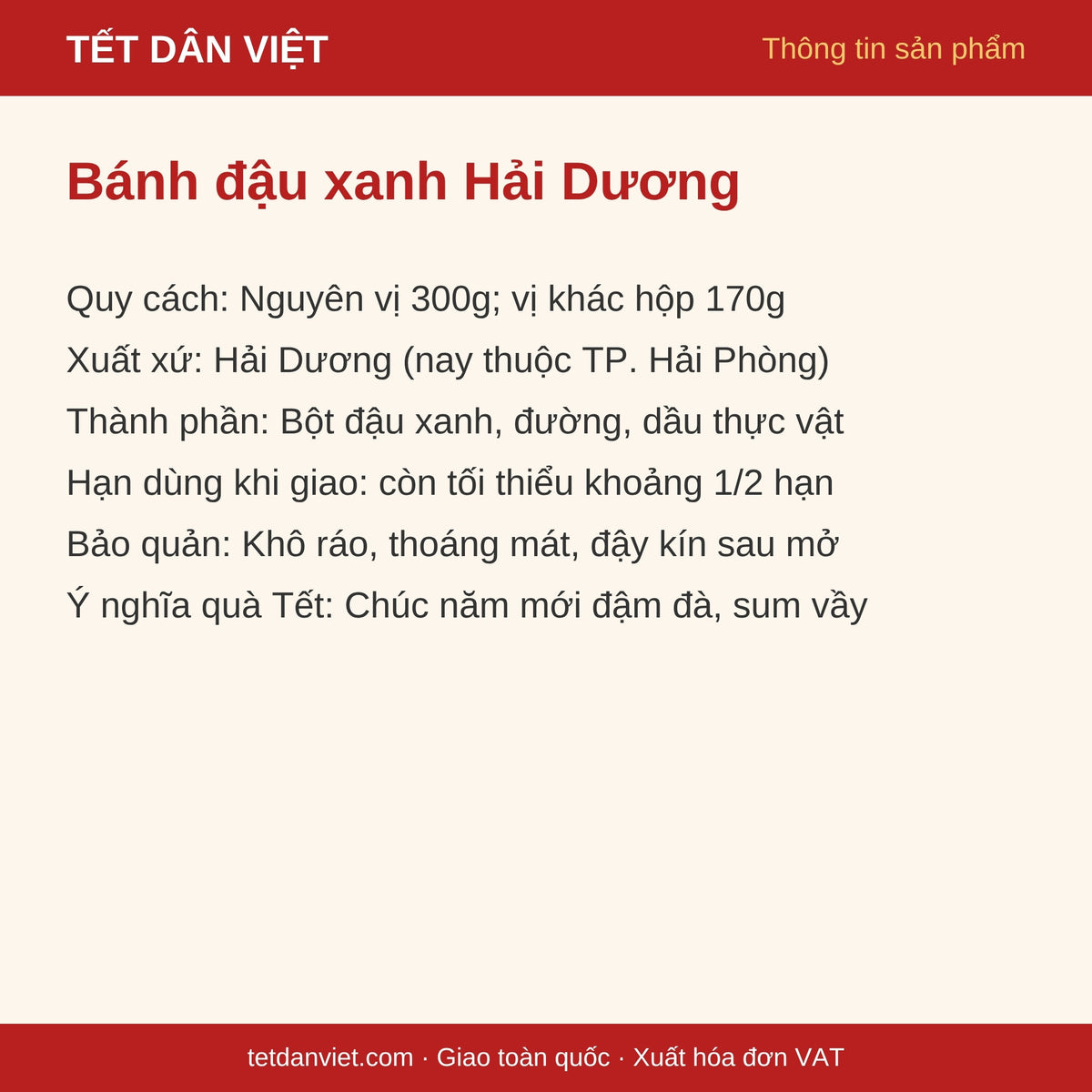 Thẻ thông tin bánh đậu xanh Hải Dương