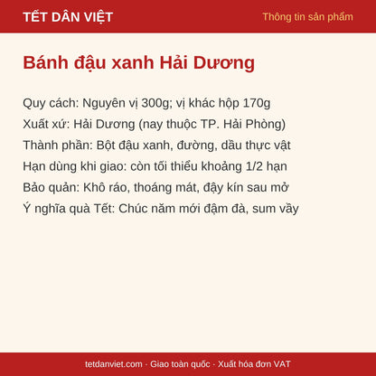 Thẻ thông tin bánh đậu xanh Hải Dương