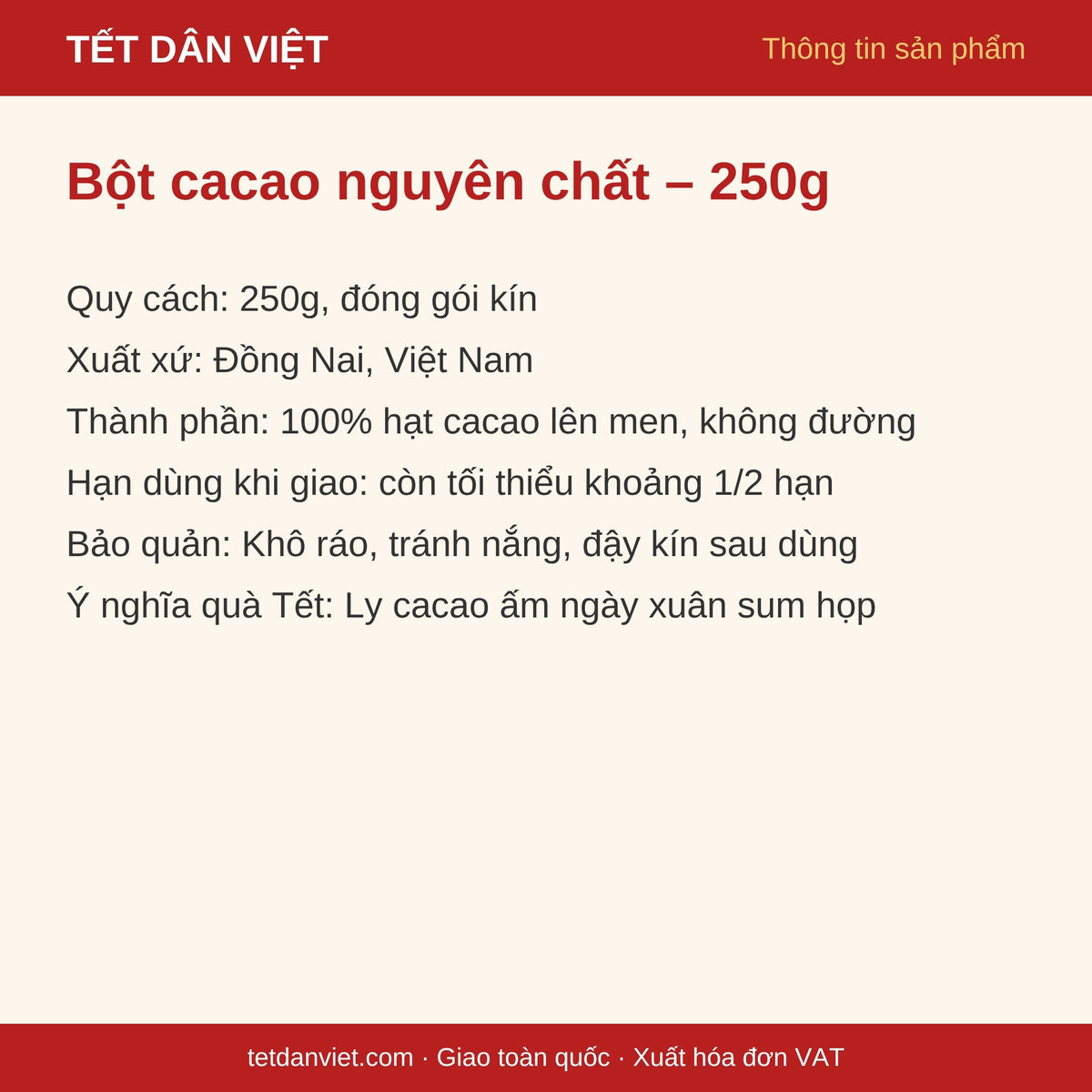 Thẻ thông tin bột cacao nguyên chất Việt Nam 250g
