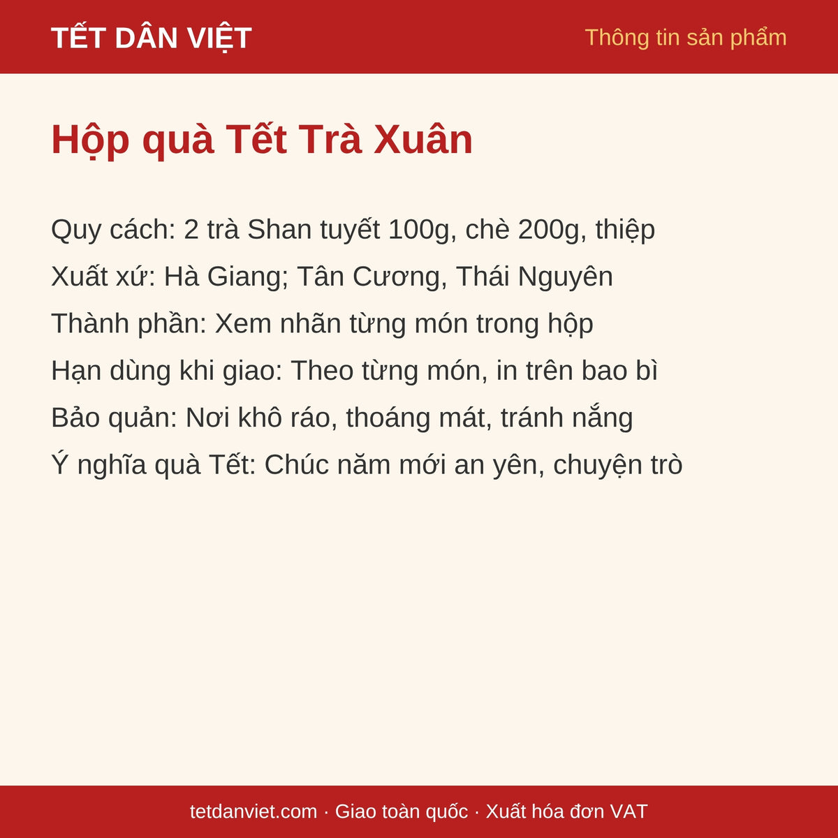 Thẻ thông tin Hộp quà Tết Trà Xuân: quy cách, xuất xứ, bảo quản, ý nghĩa quà Tết
