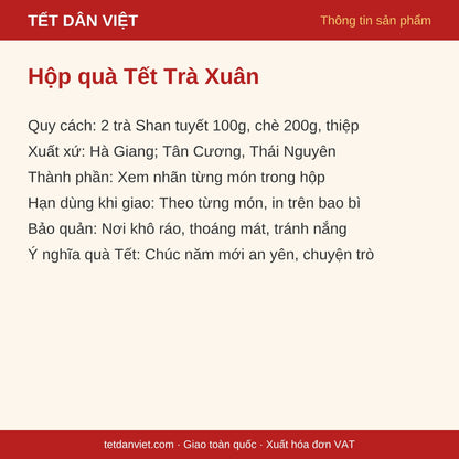 Thẻ thông tin Hộp quà Tết Trà Xuân: quy cách, xuất xứ, bảo quản, ý nghĩa quà Tết
