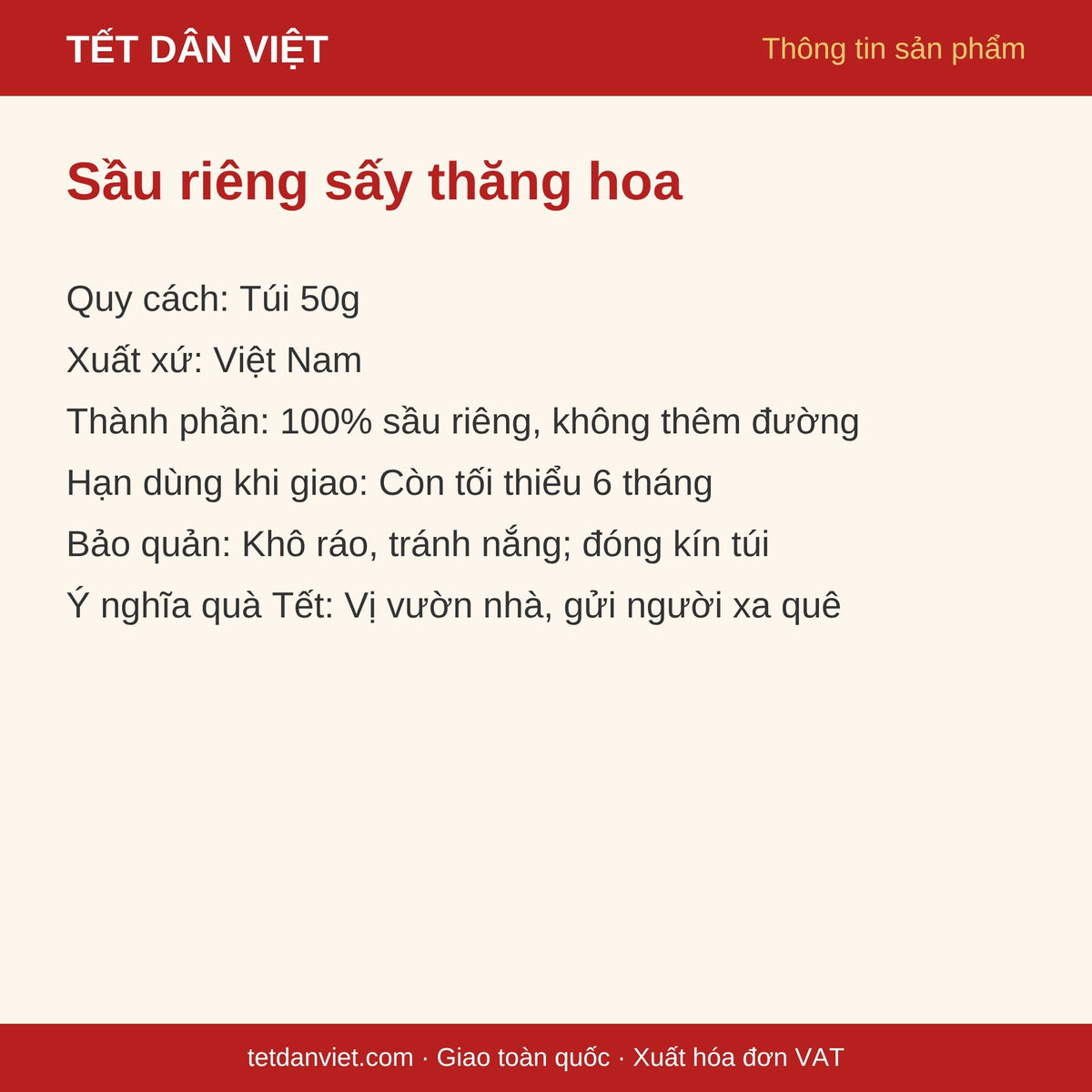 Thẻ thông tin sầu riêng sấy thăng hoa túi 50g