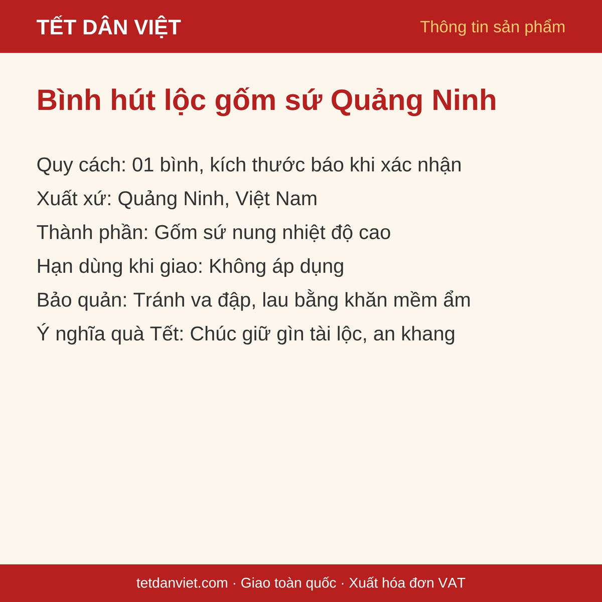 Thông tin sản phẩm bình hút lộc gốm sứ Quảng Ninh