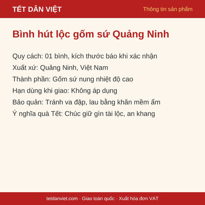 Thông tin sản phẩm bình hút lộc gốm sứ Quảng Ninh