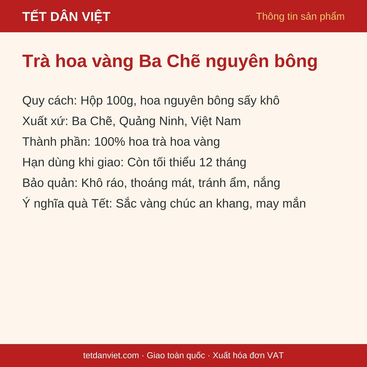 Thẻ thông tin trà hoa vàng Ba Chẽ nguyên bông hộp 100g