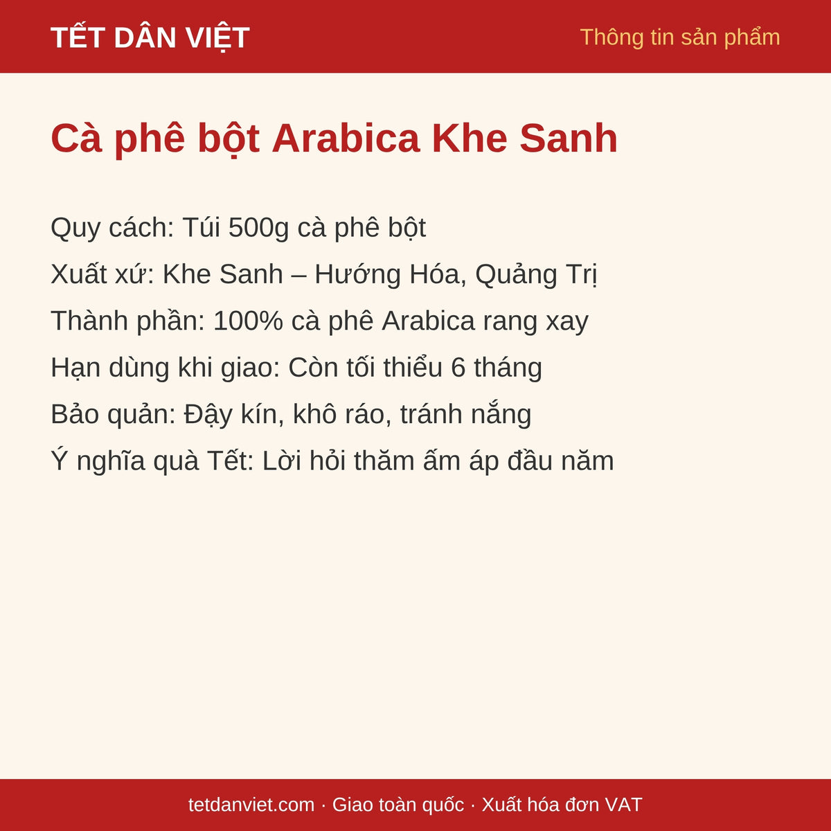 Thẻ thông tin cà phê bột Arabica Khe Sanh túi 500g