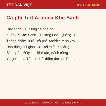 Thẻ thông tin cà phê bột Arabica Khe Sanh túi 500g