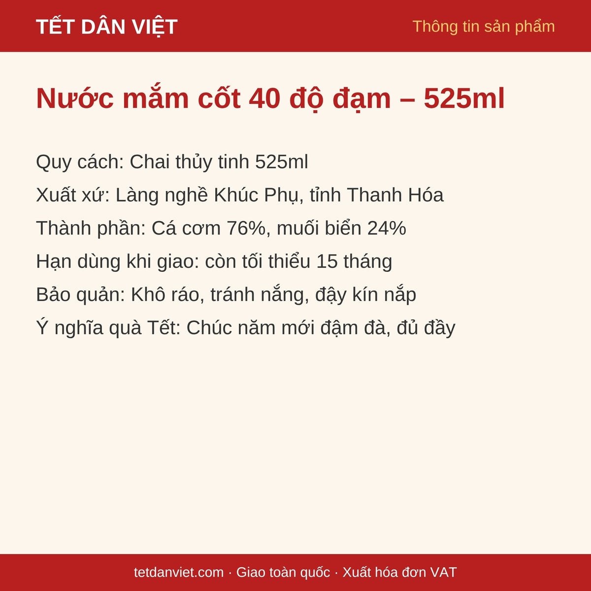 Thẻ thông tin nước mắm cốt cá cơm Thanh Hóa chai 525ml