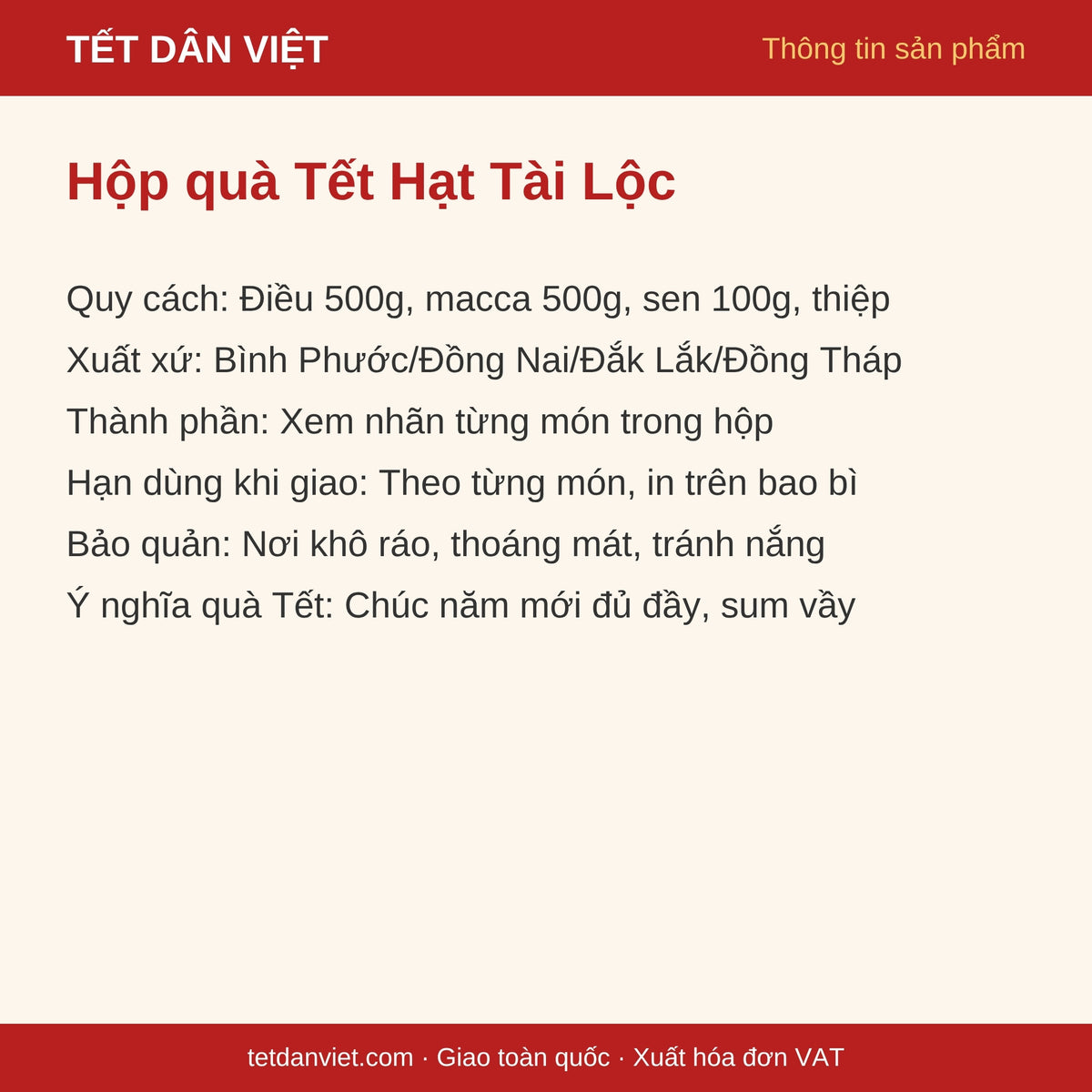 Thẻ thông tin Hộp quà Tết Hạt Tài Lộc: quy cách, xuất xứ, bảo quản, ý nghĩa quà Tết
