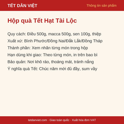 Thẻ thông tin Hộp quà Tết Hạt Tài Lộc: quy cách, xuất xứ, bảo quản, ý nghĩa quà Tết