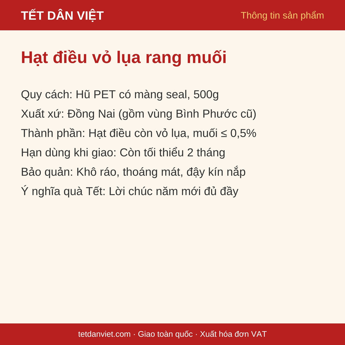Thẻ thông tin hạt điều vỏ lụa rang muối hũ 500g