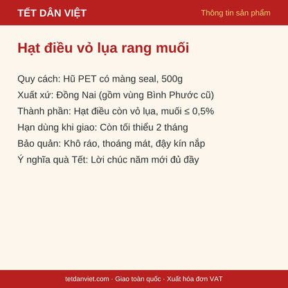 Thẻ thông tin hạt điều vỏ lụa rang muối hũ 500g