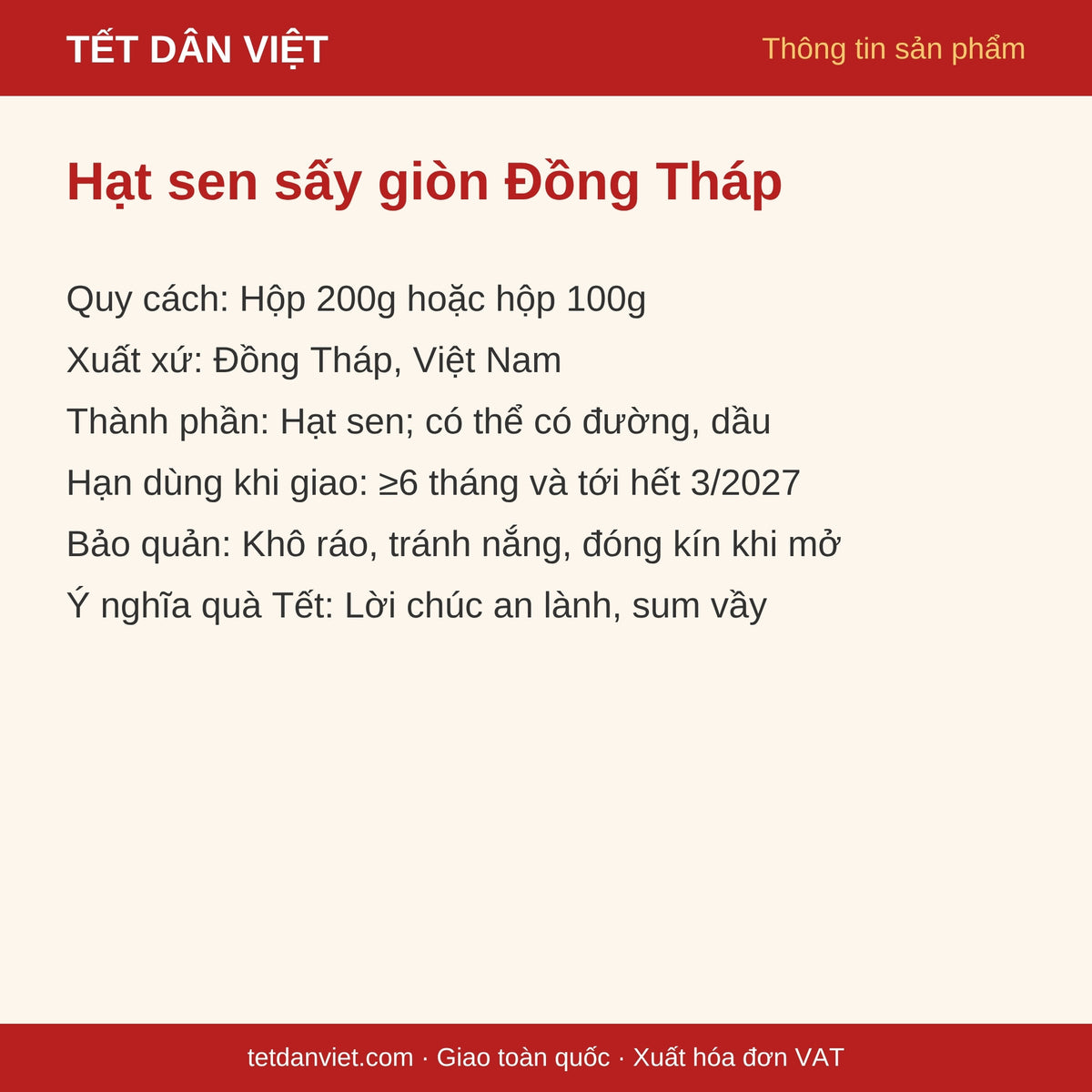 Thẻ thông tin Hạt sen sấy giòn Đồng Tháp: quy cách, xuất xứ, hạn dùng, bảo quản