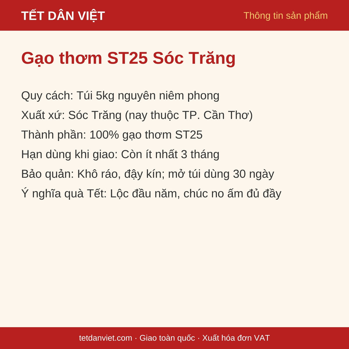 Thẻ thông tin gạo thơm ST25 Sóc Trăng túi 5kg