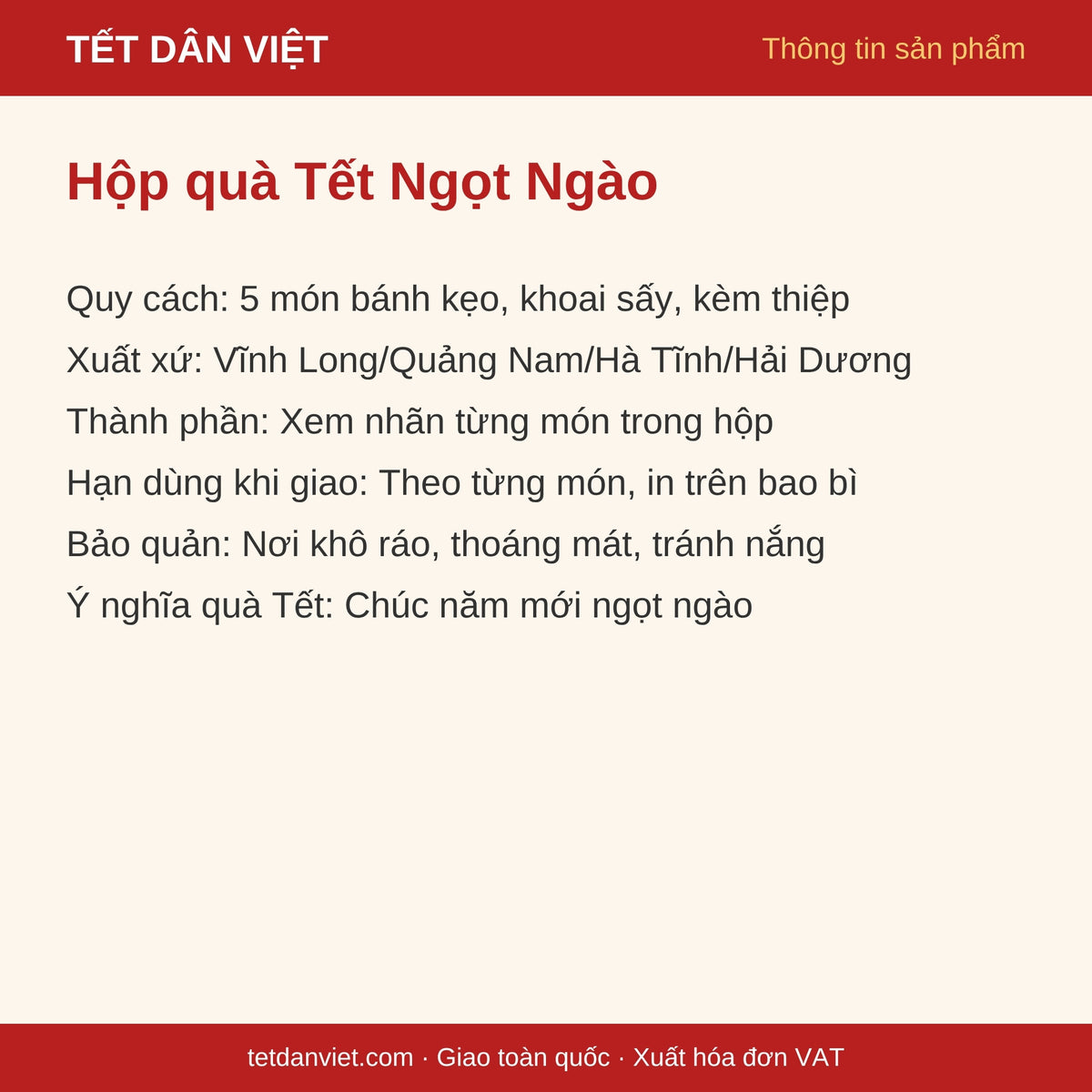 Thẻ thông tin Hộp quà Tết Ngọt Ngào: quy cách, xuất xứ, bảo quản, ý nghĩa quà Tết