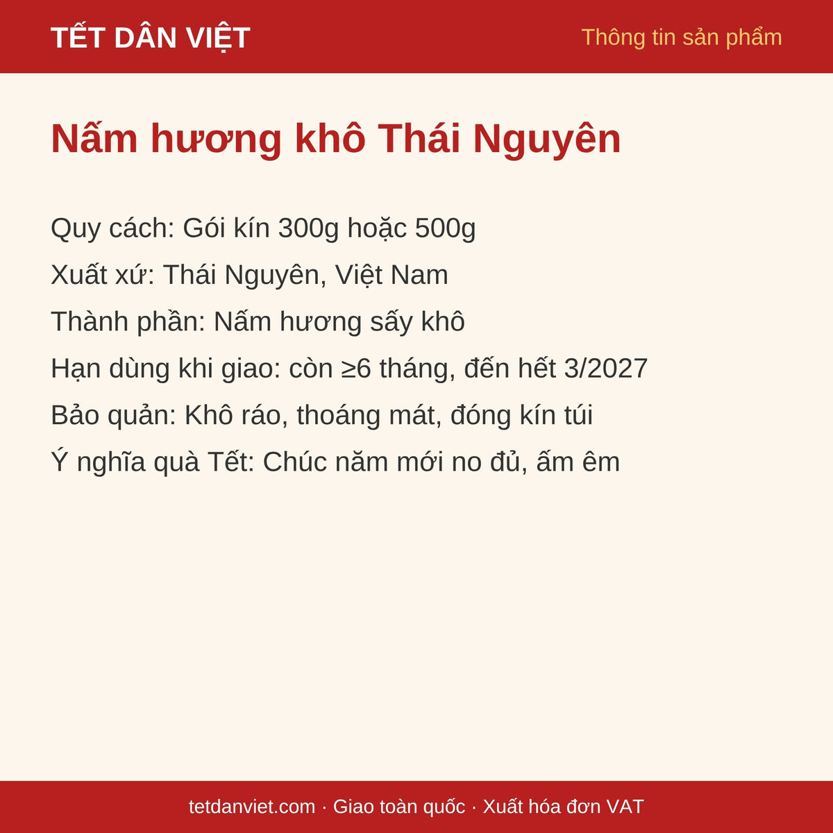 Thông tin sản phẩm Nấm hương khô Thái Nguyên: quy cách, xuất xứ, bảo quản