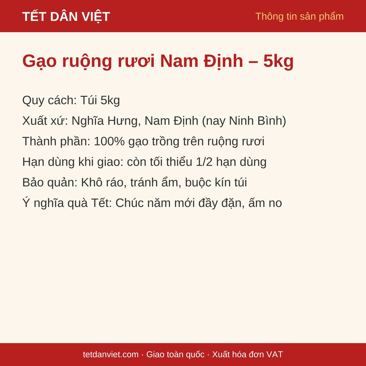 Thẻ thông tin gạo sinh thái ruộng rươi Nam Định túi 5kg