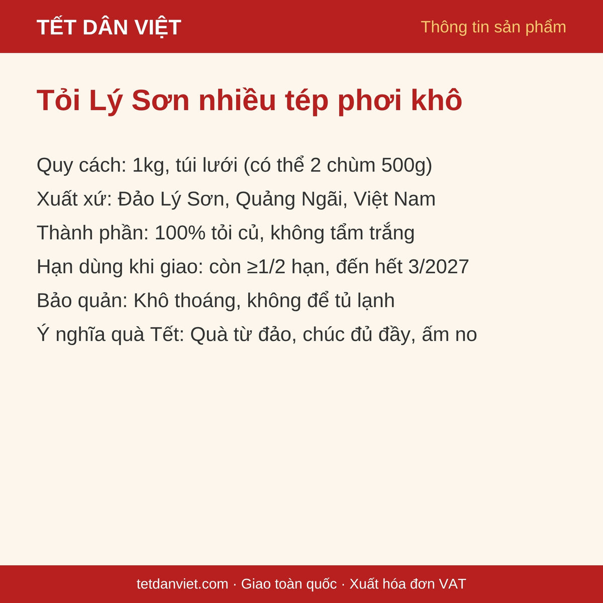Thông tin sản phẩm Tỏi Lý Sơn nhiều tép: quy cách, xuất xứ, bảo quản