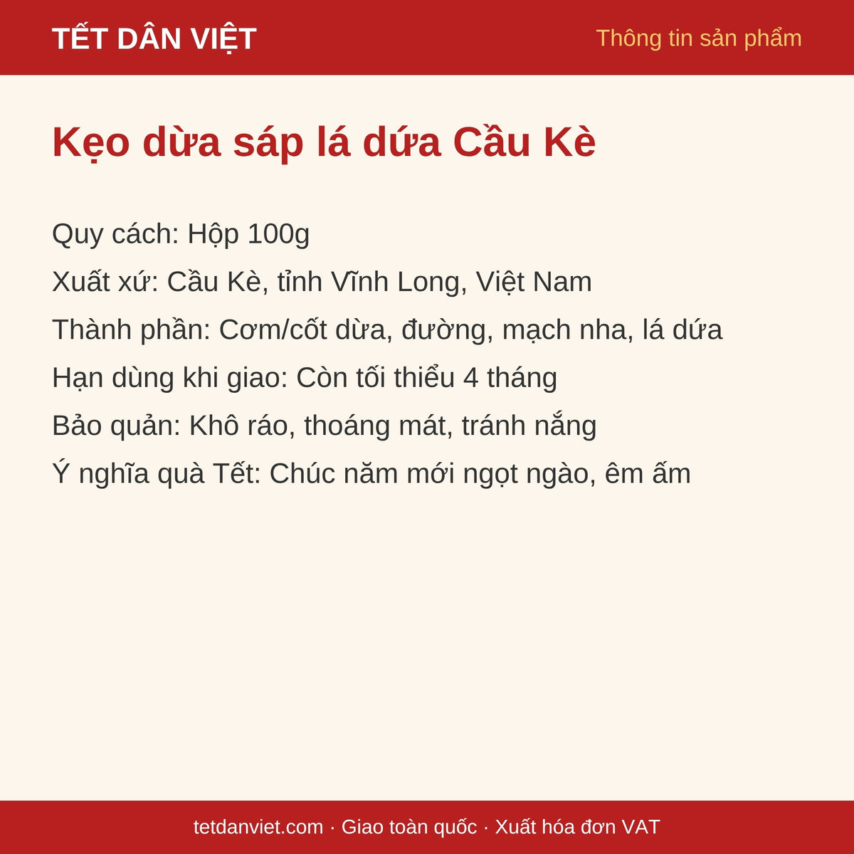 Thẻ thông tin kẹo dừa sáp lá dứa Cầu Kè hộp 100g