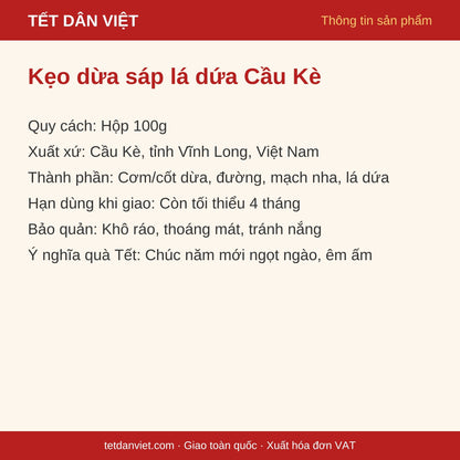 Thẻ thông tin kẹo dừa sáp lá dứa Cầu Kè hộp 100g