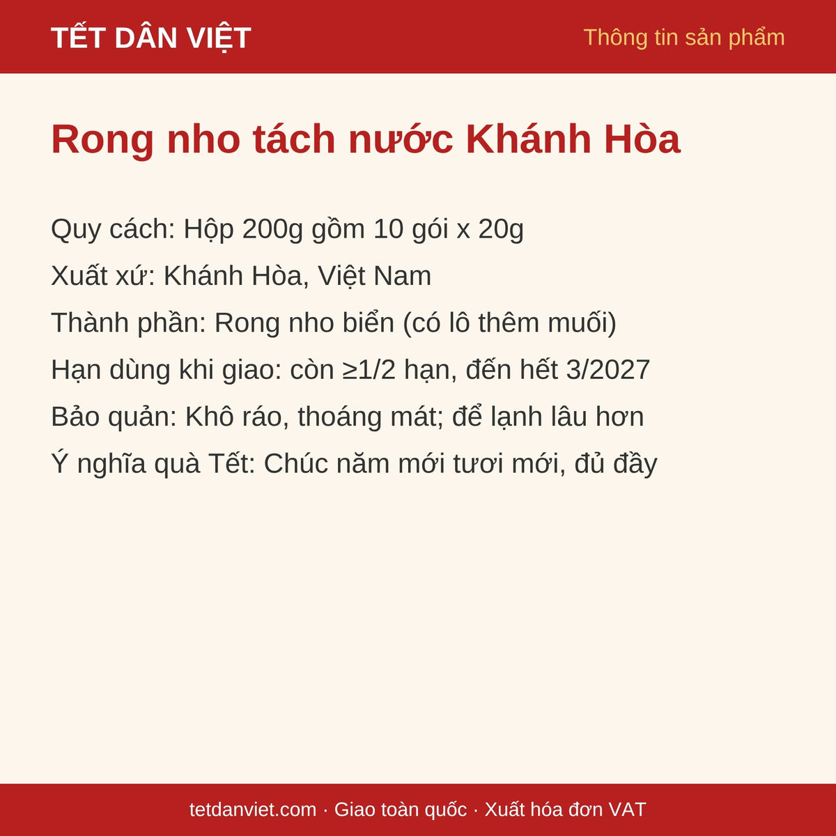 Thông tin sản phẩm Rong nho tách nước Khánh Hòa: quy cách, xuất xứ, bảo quản