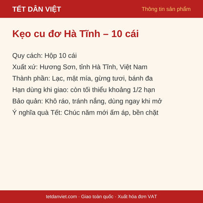 Thẻ thông tin kẹo cu đơ Hà Tĩnh hộp 10 cái
