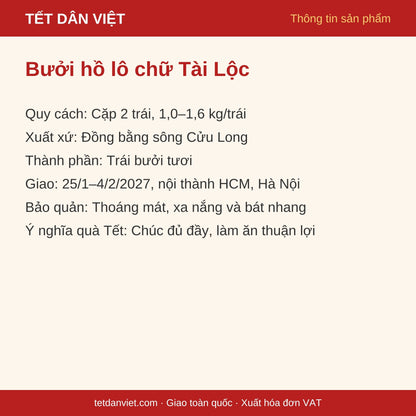 Thông tin sản phẩm bưởi hồ lô chữ Tài Lộc cặp 2 trái