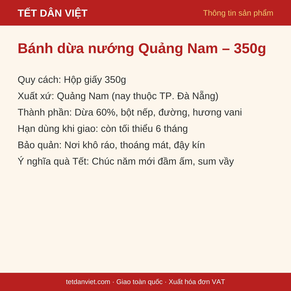 Thẻ thông tin bánh dừa nướng Quảng Nam hộp 350g