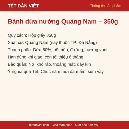 Thẻ thông tin bánh dừa nướng Quảng Nam hộp 350g